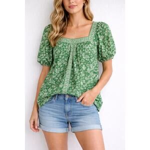 Max Studio green and white floral print blouse features balloon sleeves size XS